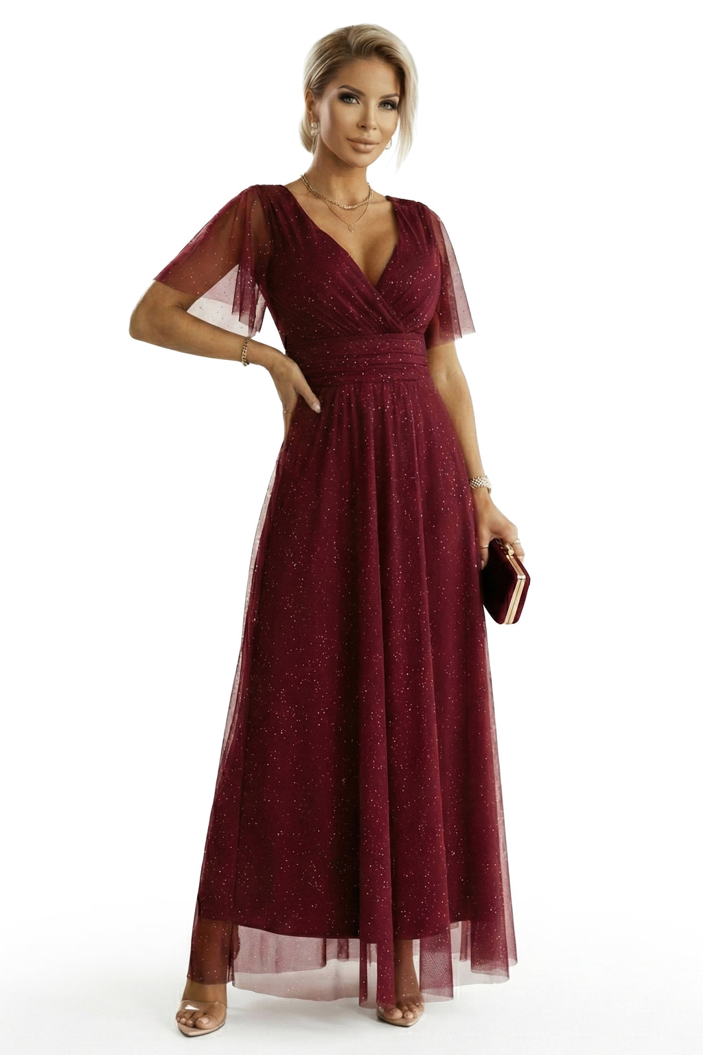Numoco Basic 635-5 MELANIA long, shiny dress with a neckline and short sleeves - burgundy