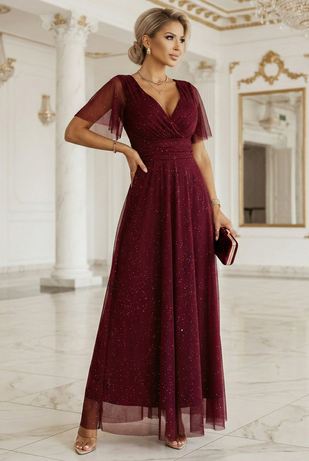 Numoco Basic 635-5 MELANIA long, shiny dress with a neckline and short sleeves - burgundy