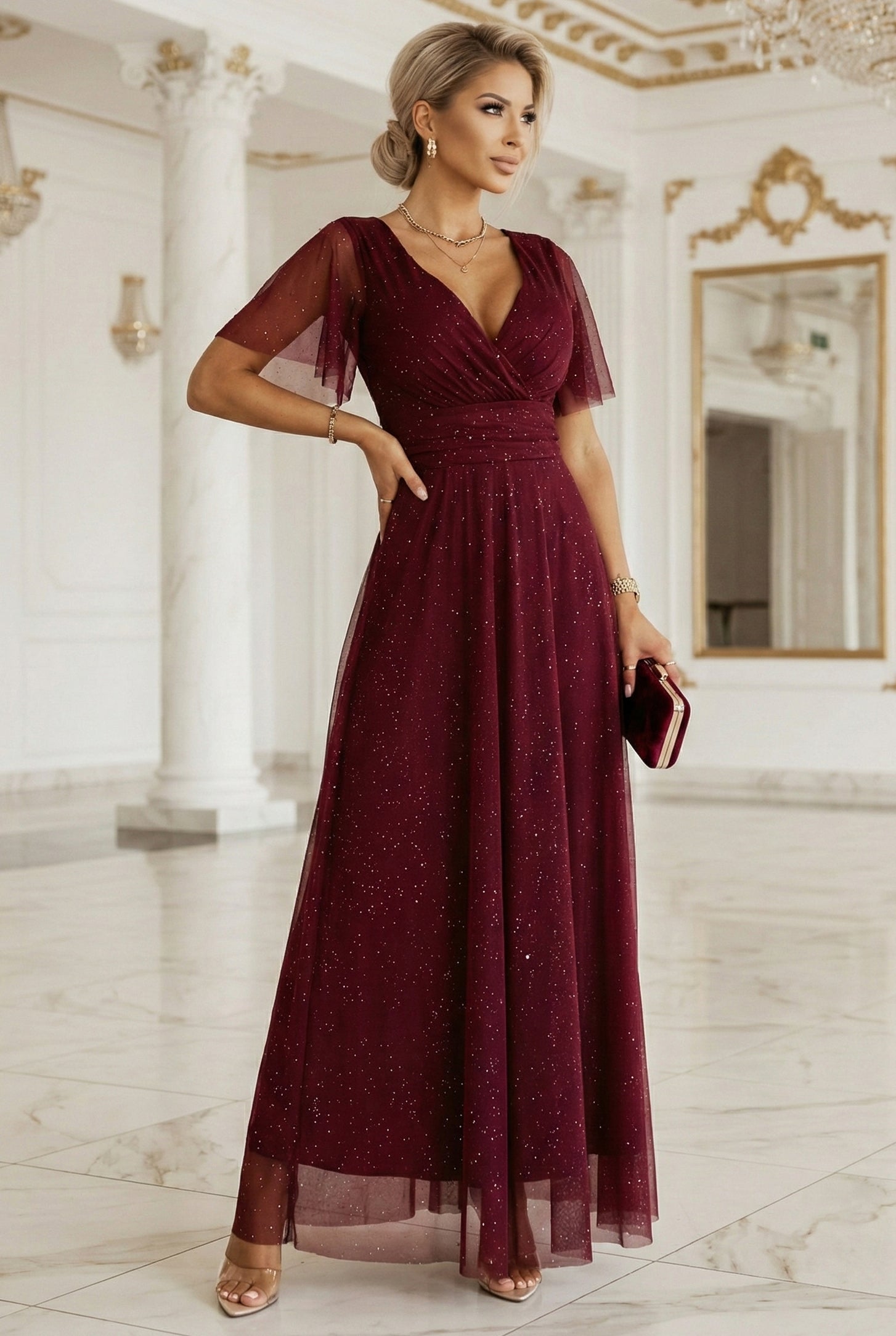 Numoco Basic 635-5 MELANIA long, shiny dress with a neckline and short sleeves - burgundy