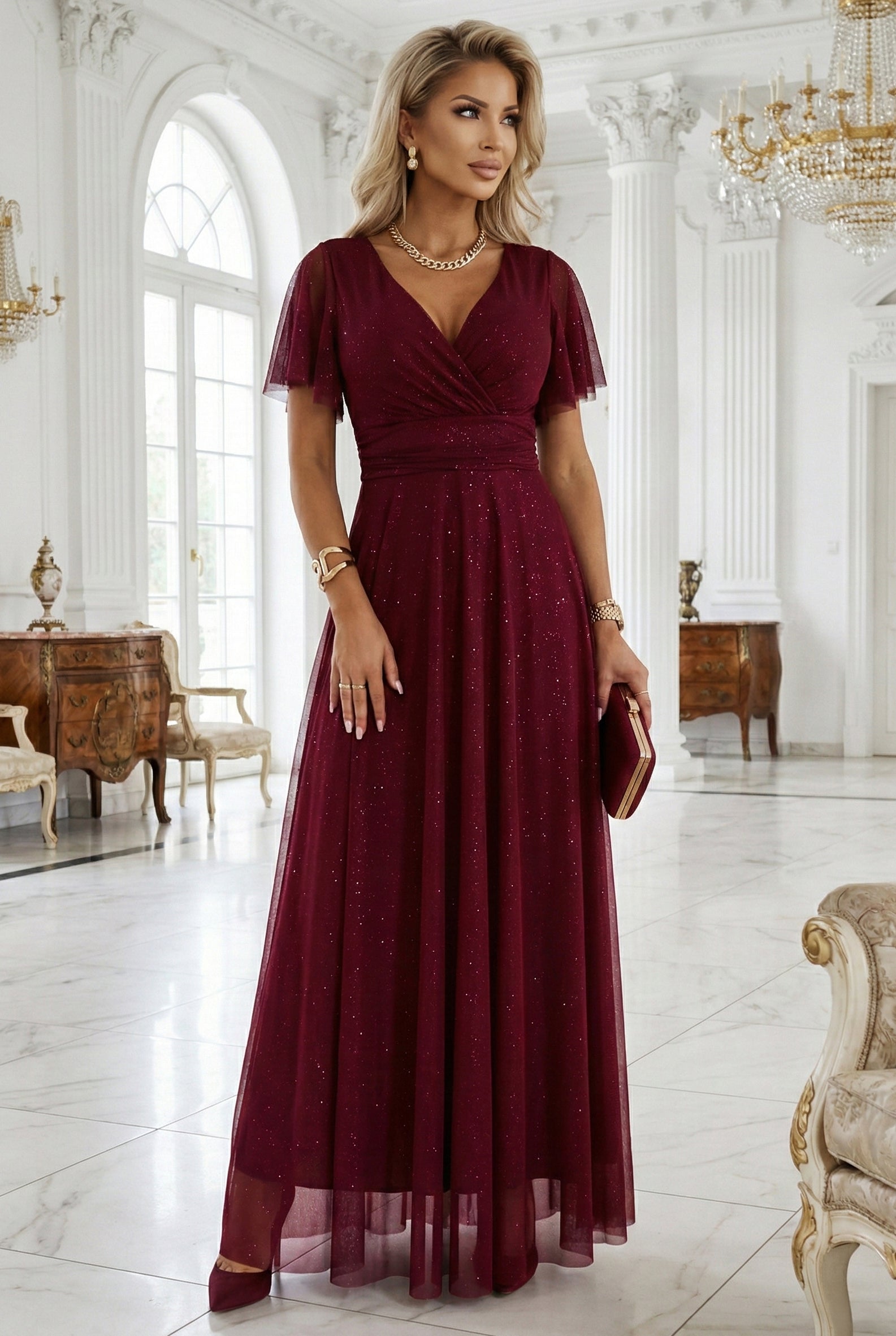 Numoco Basic 635-5 MELANIA long, shiny dress with a neckline and short sleeves - burgundy