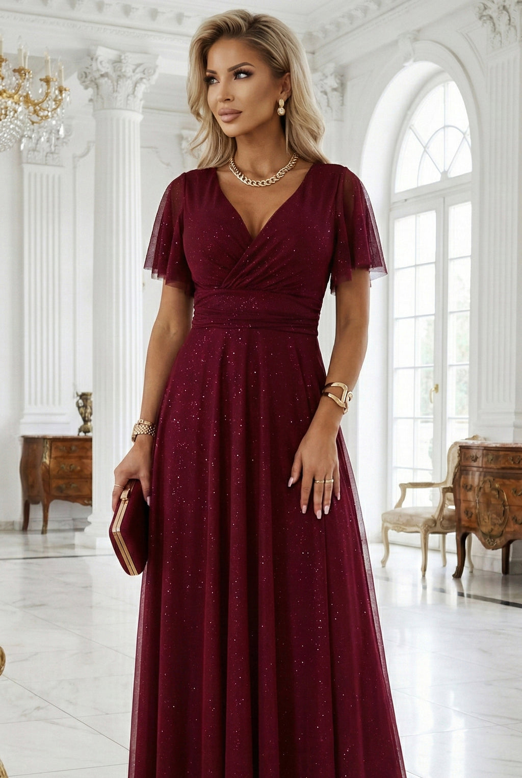 Numoco Basic 635-5 MELANIA long, shiny dress with a neckline and short sleeves - burgundy