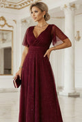 Numoco Basic 635-5 MELANIA long, shiny dress with a neckline and short sleeves - burgundy