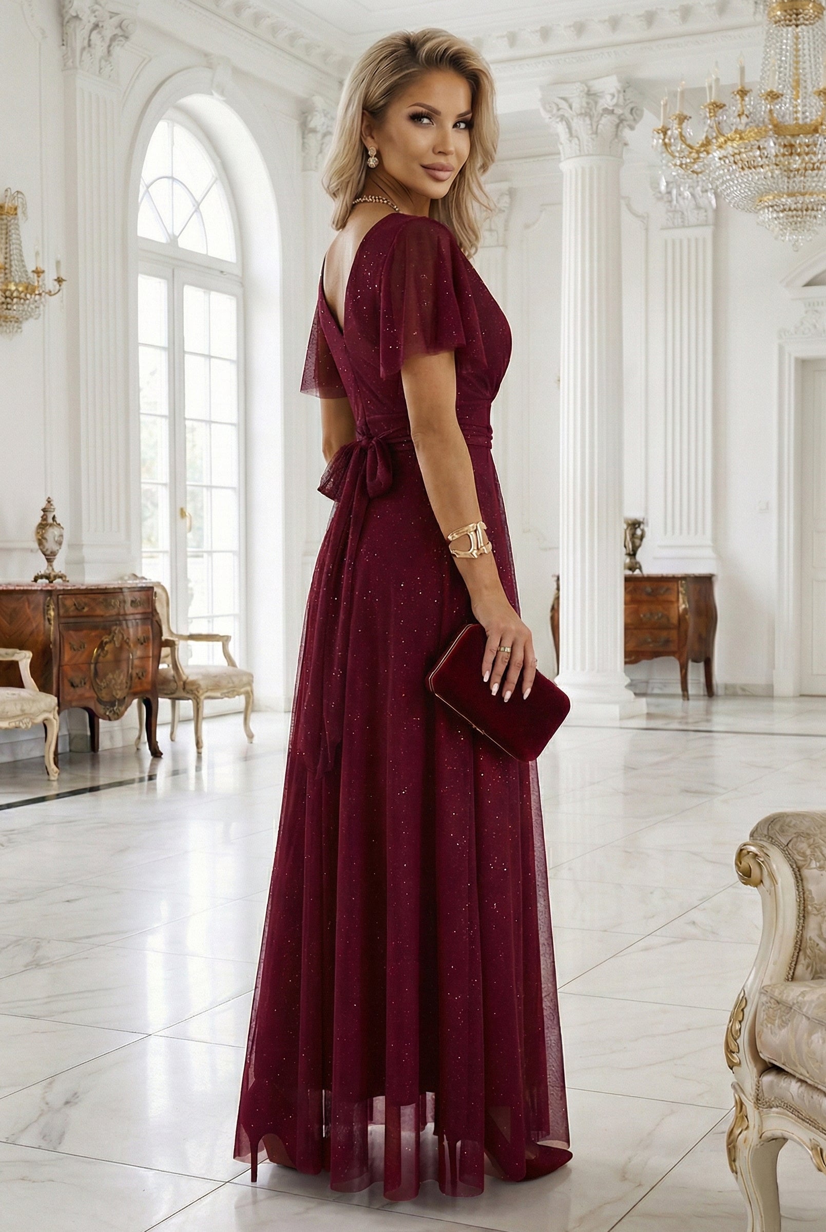 Numoco Basic 635-5 MELANIA long, shiny dress with a neckline and short sleeves - burgundy