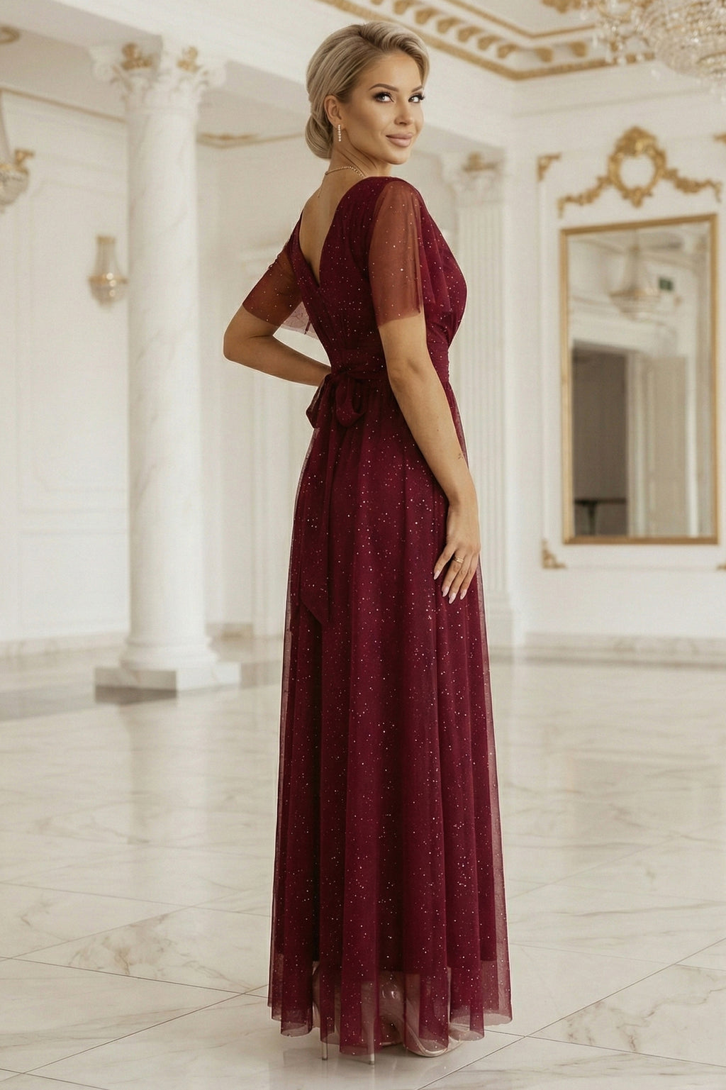 Numoco Basic 635-5 MELANIA long, shiny dress with a neckline and short sleeves - burgundy