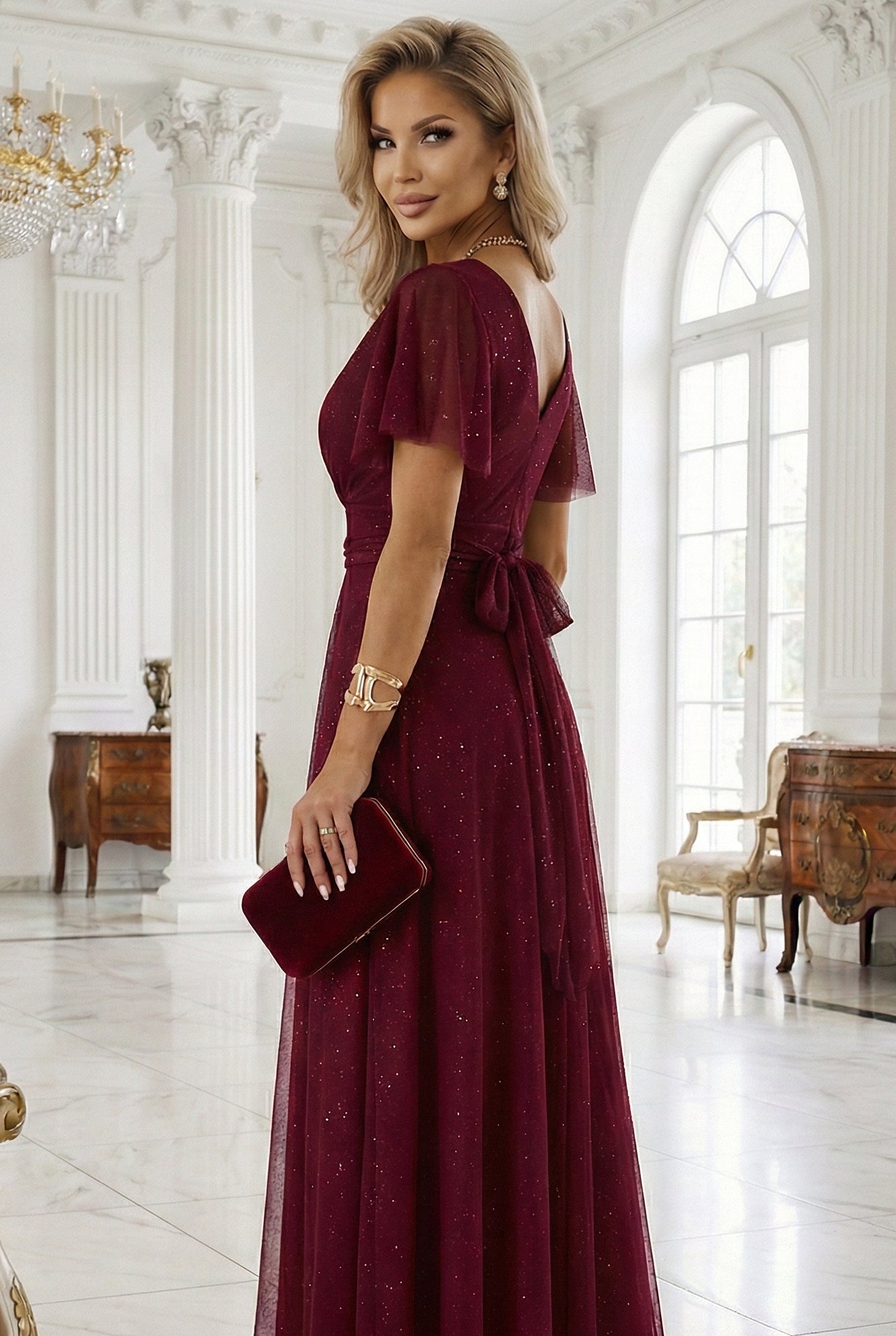 Numoco Basic 635-5 MELANIA long, shiny dress with a neckline and short sleeves - burgundy