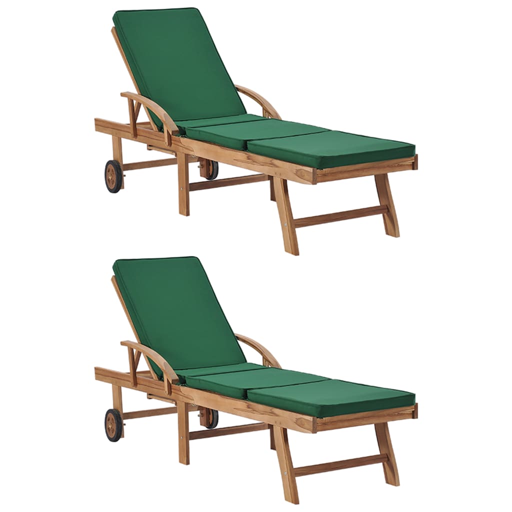 Teak Sun Loungers with Green Cushions (2-Pack)