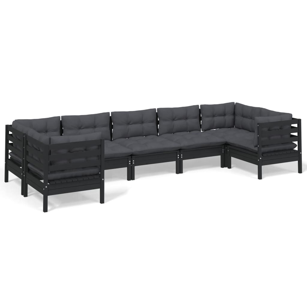 7 Piece Garden Lounge Set with Cushions - Black