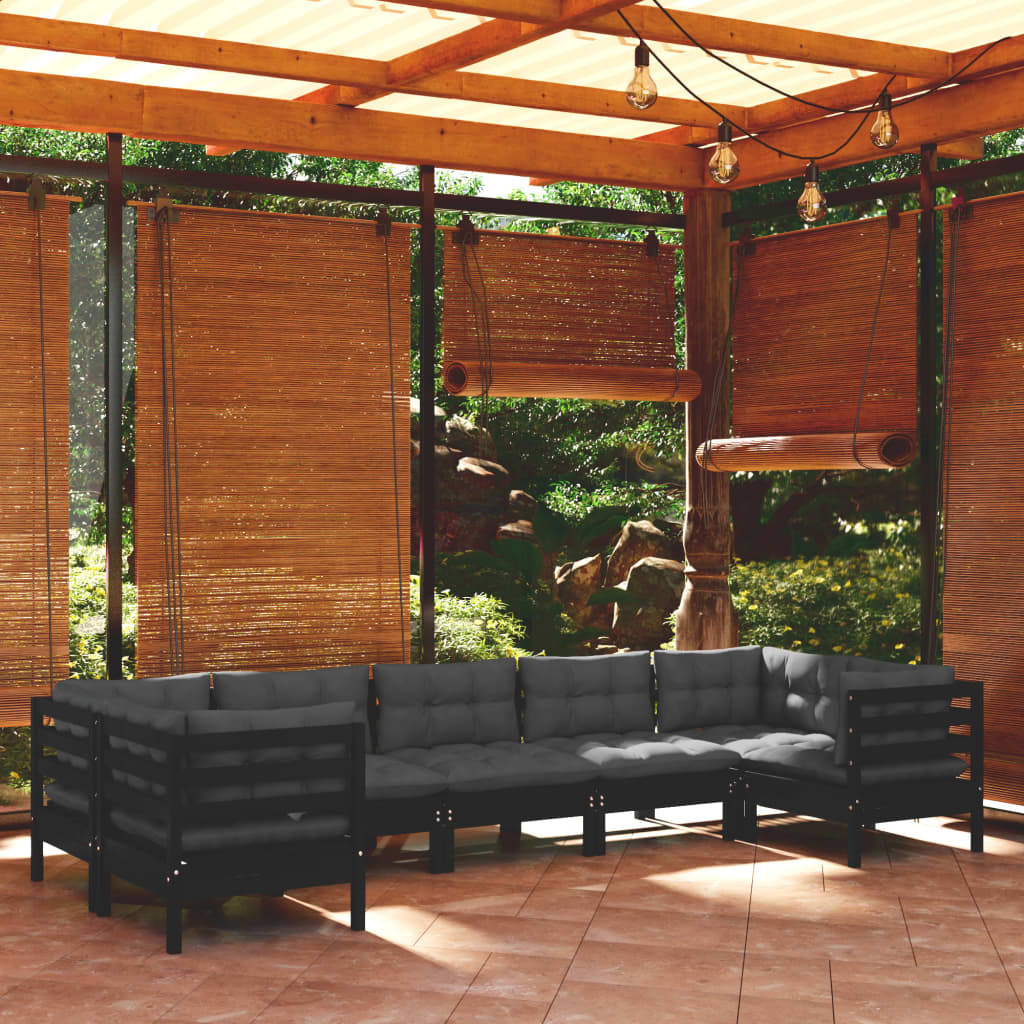 7 Piece Garden Lounge Set with Cushions - Black