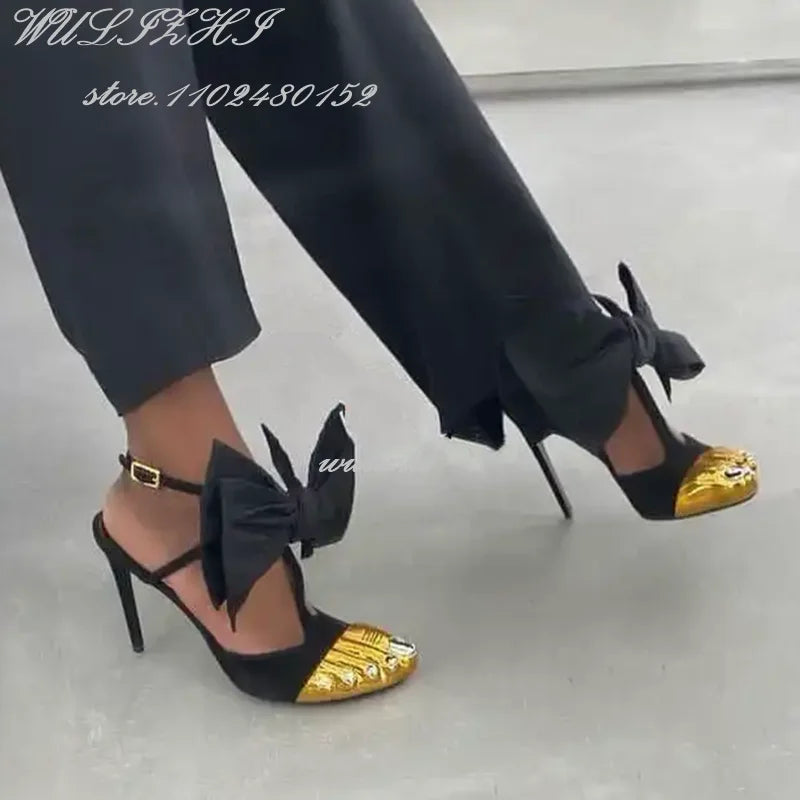 Big Bow Golden Toes Five Split Toes Sexy Sandals Stiletto Heels Women Hollow Metallic Luster Shiny Dress Heels Ankle Straps Shoe