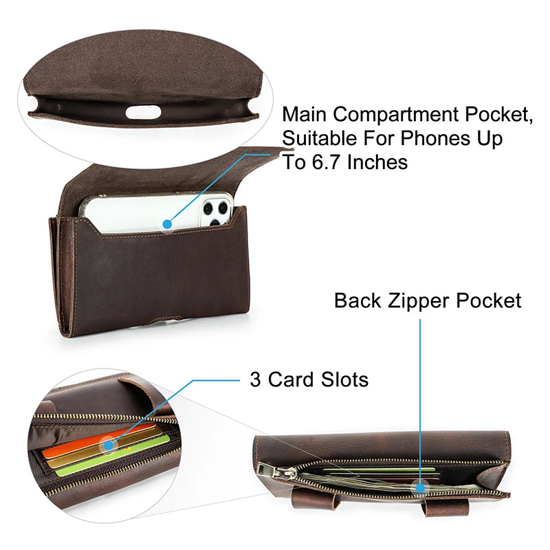 Cowhide Leather Waist Bag Phone Holder Casual  6.7'' Phone Waist Belt For iPhone Samsung Galaxy Zipper Pocket Cellphone Holster
