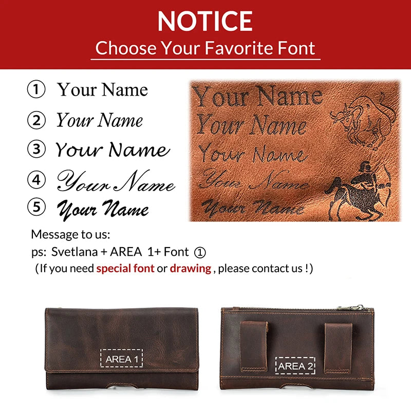 Cowhide Leather Waist Bag Phone Holder Casual  6.7'' Phone Waist Belt For iPhone Samsung Galaxy Zipper Pocket Cellphone Holster