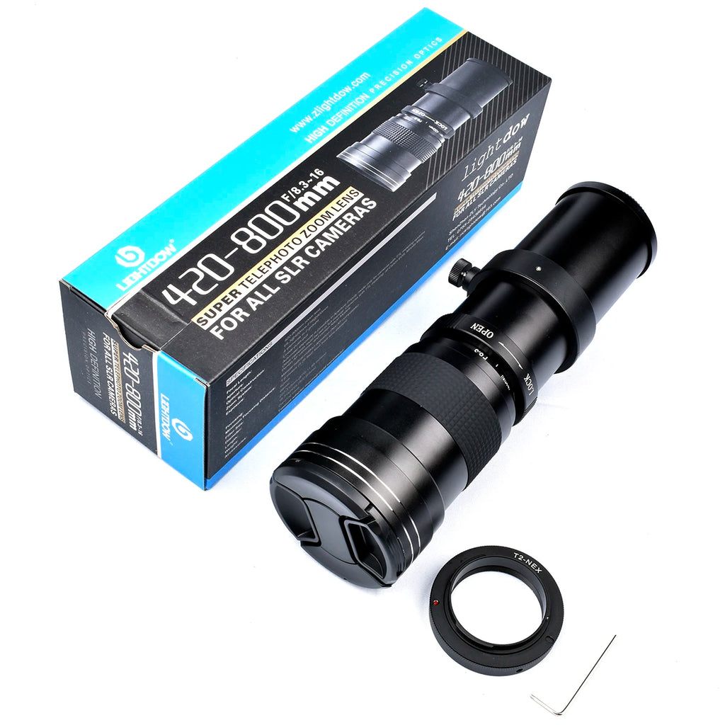 Lightdow Super Telephoto Manual Zoom Lens 420-800mm F8.3-16 With T2 Ring Adapter for Sony Canon Nikon Pentax Olympus Cameras