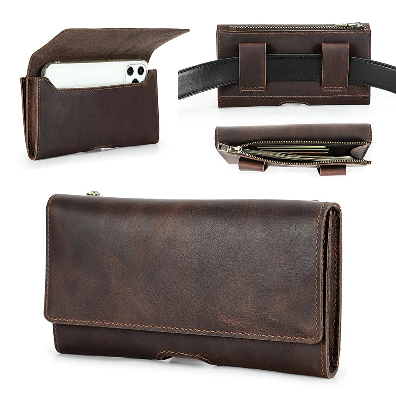 Cowhide Leather Waist Bag Phone Holder Casual  6.7'' Phone Waist Belt For iPhone Samsung Galaxy Zipper Pocket Cellphone Holster