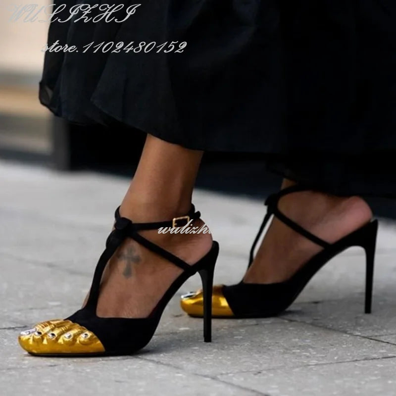 Big Bow Golden Toes Five Split Toes Sexy Sandals Stiletto Heels Women Hollow Metallic Luster Shiny Dress Heels Ankle Straps Shoe