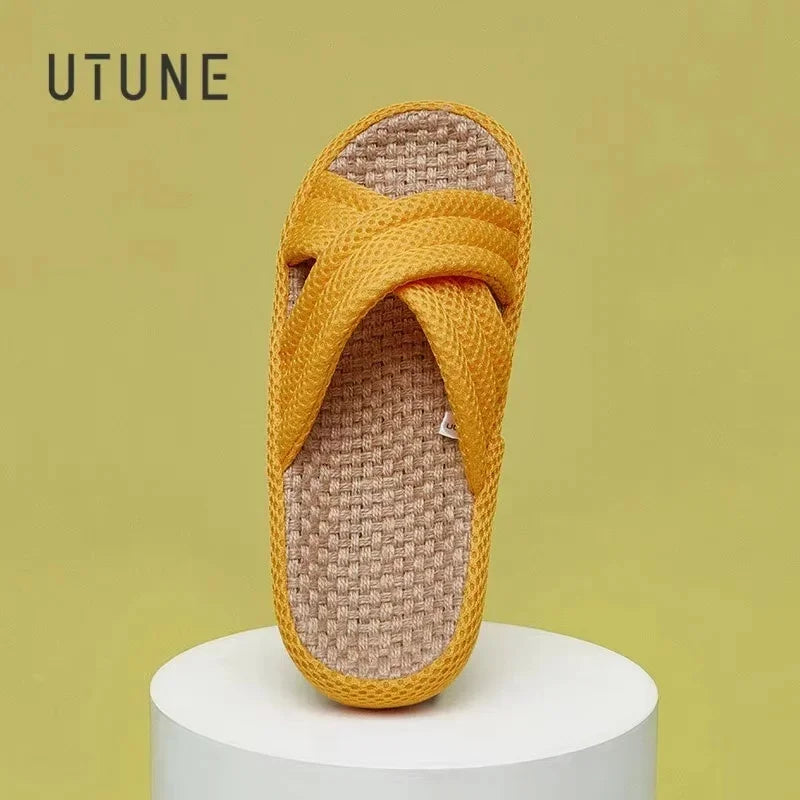 UTUNE Linen Women Slippers Outdoor Summer Mute Light Vacation Travel Comfortable Shoes Anti-slip Flat Thick Sole Home Slides