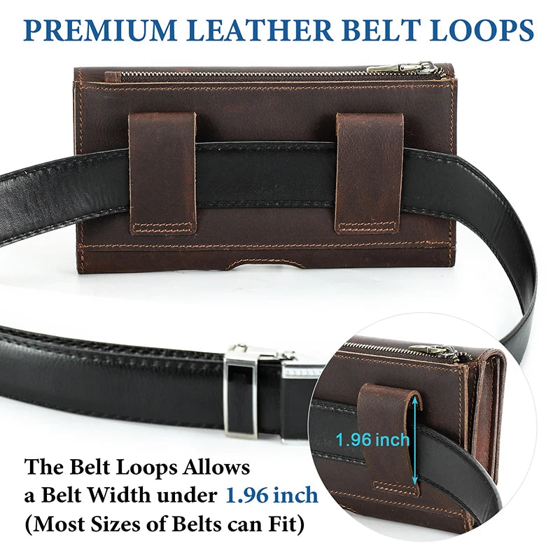 Cowhide Leather Waist Bag Phone Holder Casual  6.7'' Phone Waist Belt For iPhone Samsung Galaxy Zipper Pocket Cellphone Holster