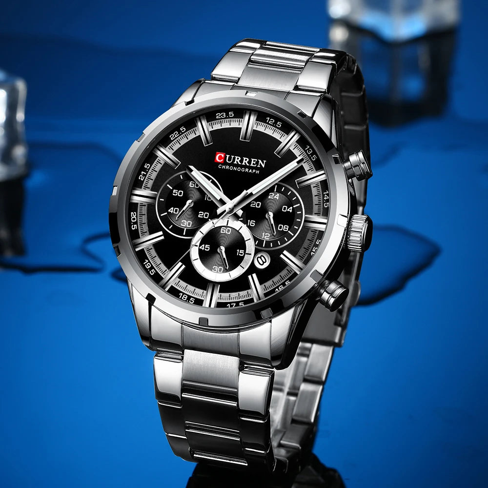 CURREN Luxury Fashion Quartz Watches Classic Silver and black Clock Male Watch Men's Wristwatch with Calendar Chronograph
