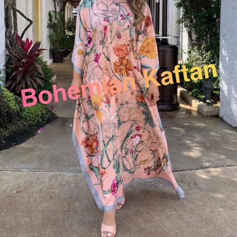 Africa Fashion Blogger Recommend Popular printed Silk Kaftan Maxi dresses Loose Summer Beach Bohemian kaftan long dress for lady