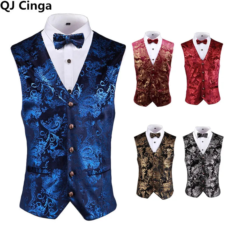 Gold Steampunk Sleeveless Vest Coat Men's, Single Breasted V Neck Waistcoat,Gold Silver Red Business Wedding Party Man Vests 5xl