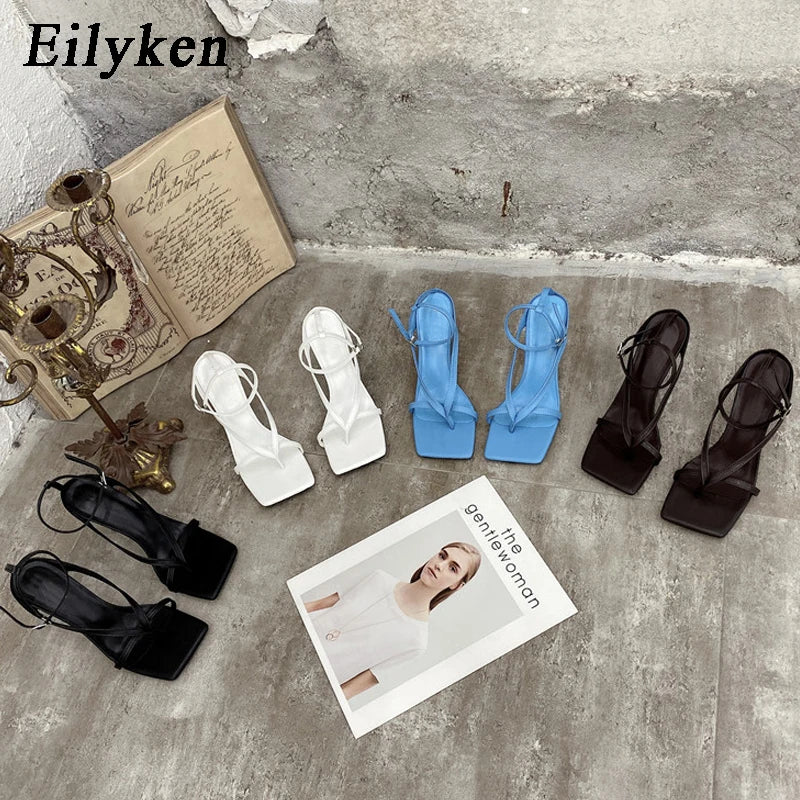 Square Toe Thin Heels Sandals Ankle Buckle
