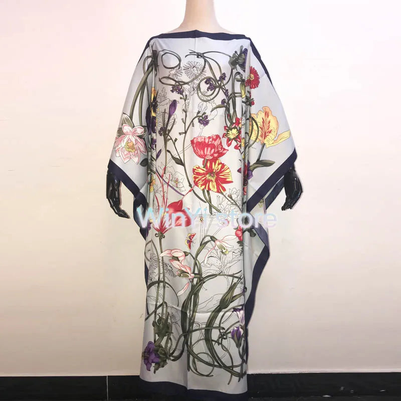 Africa Fashion Blogger Recommend Popular printed Silk Kaftan Maxi dresses Loose Summer Beach Bohemian kaftan long dress for lady