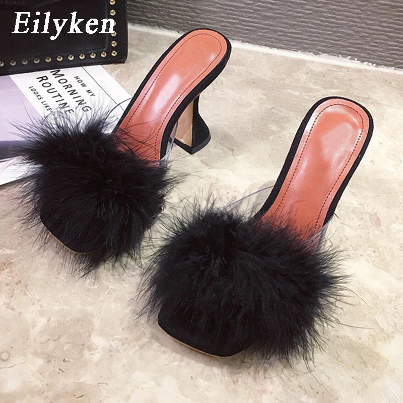 Eilyken Summer Peep Toe Woman Slippers Feather PVC Transparent High Heels Fur Sandals Spike Heel Ladies Mules Slides Shoes