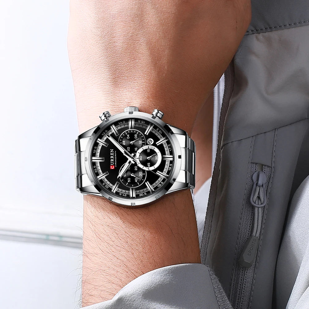 CURREN Luxury Fashion Quartz Watches Classic Silver and black Clock Male Watch Men's Wristwatch with Calendar Chronograph