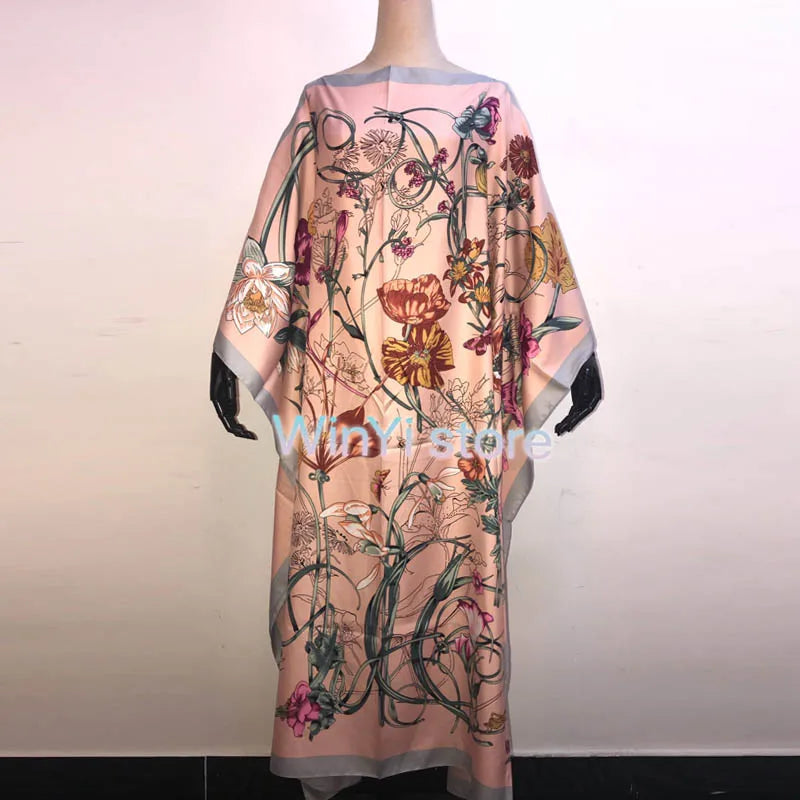 Africa Fashion Blogger Recommend Popular printed Silk Kaftan Maxi dresses Loose Summer Beach Bohemian kaftan long dress for lady