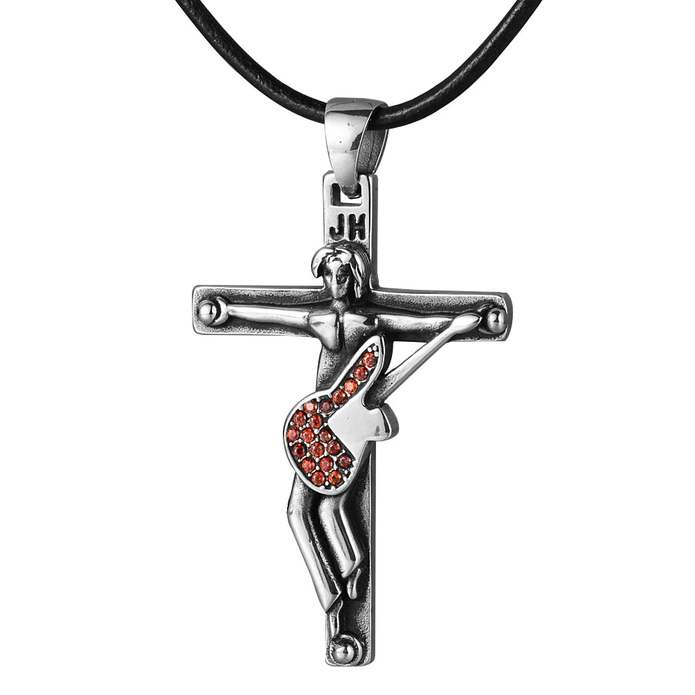 French Rocker Johnny Hallyday Guitar Cross Pendant Necklace Stainless Steel Floating Locket Christian Crucifix Men Jewelry Gift
