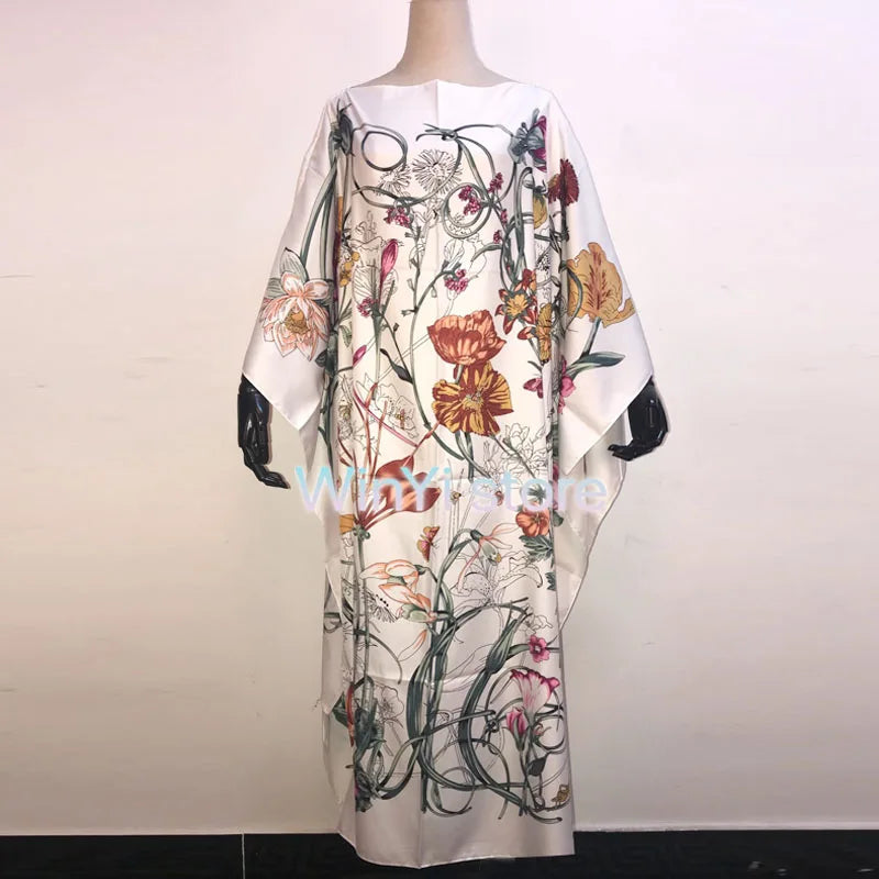 Africa Fashion Blogger Recommend Popular printed Silk Kaftan Maxi dresses Loose Summer Beach Bohemian kaftan long dress for lady