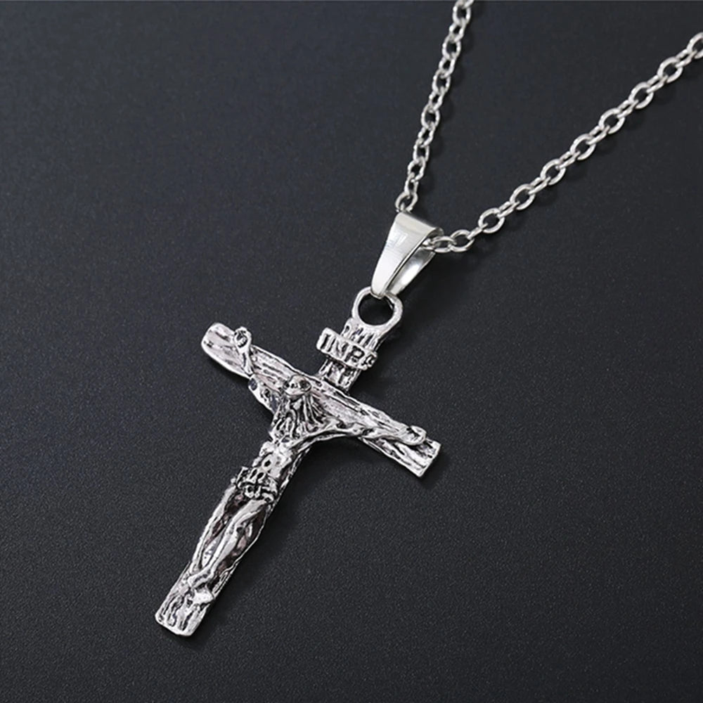 French Rocker Johnny Hallyday Guitar Cross Pendant Necklace Stainless Steel Floating Locket Christian Crucifix Men Jewelry Gift