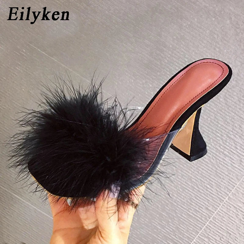 Eilyken Summer Peep Toe Woman Slippers Feather PVC Transparent High Heels Fur Sandals Spike Heel Ladies Mules Slides Shoes