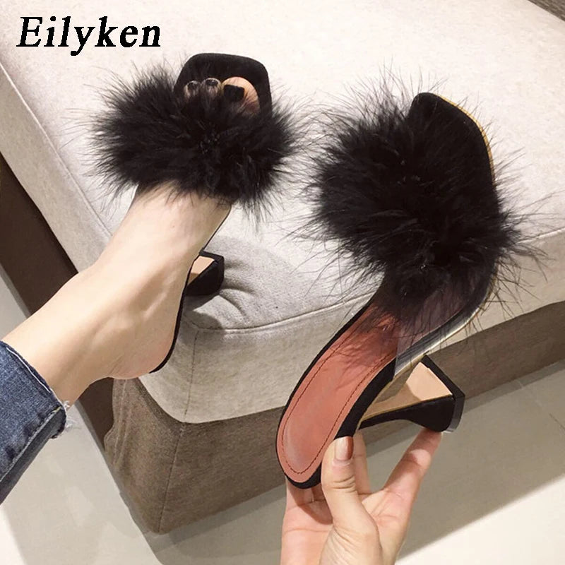 Eilyken Summer Peep Toe Woman Slippers Feather PVC Transparent High Heels Fur Sandals Spike Heel Ladies Mules Slides Shoes
