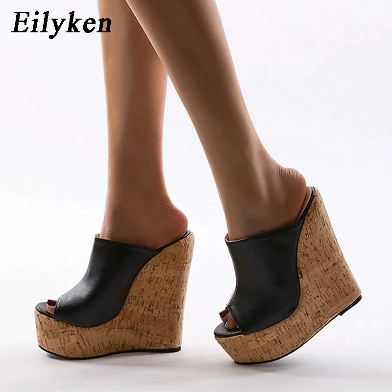 Eilyken Fashion Peep Toe Platform Wedges Women Slippers High Quality PU Leather Sandals 2025 New Summer Solid Heels Ladies Shoes