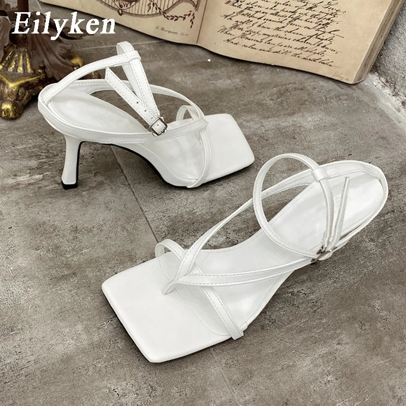Square Toe Thin Heels Sandals Ankle Buckle