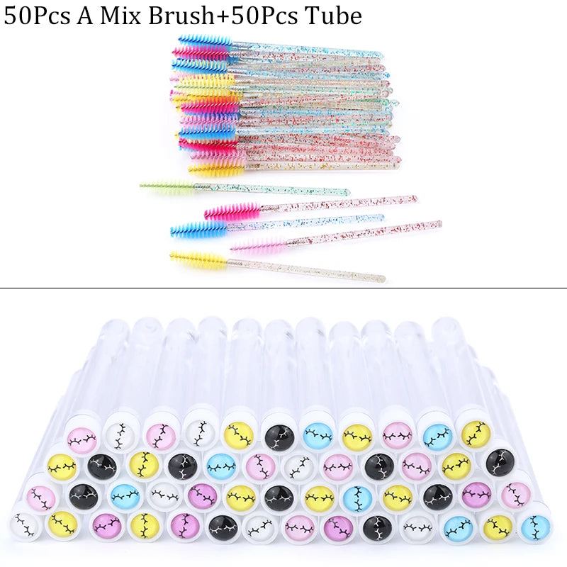 100PCS Disposable Eyelash Brushes Tubes With Lash Mascara Wands Sparkling Lash Spoolies Brush Container Dust-proof Makeup Tool