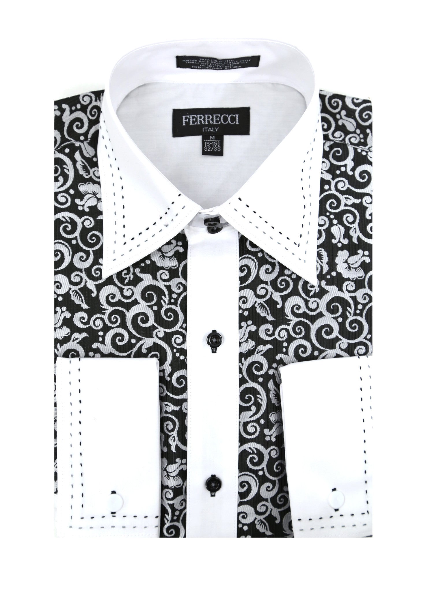 Ferrecci Men's Satine Hi-1006 Black & White Scroll Pattern Button Down Dress Shirt