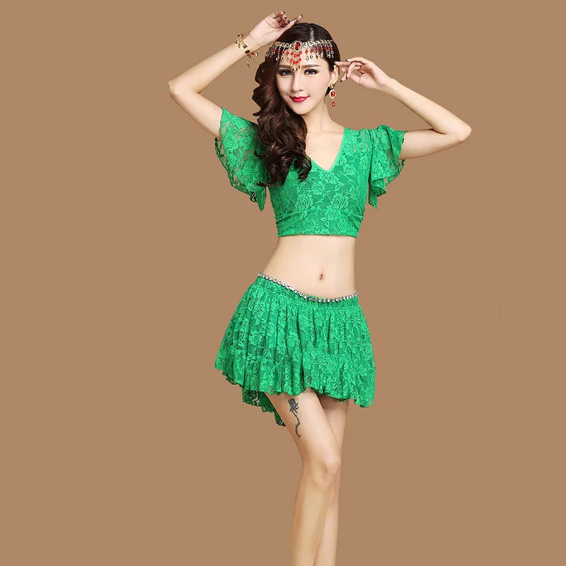 Belly Dance Costume Summer Lace Dress Sexy Party Costume Bellydance Costume Set V Neck Flare Sleeve with Skirt