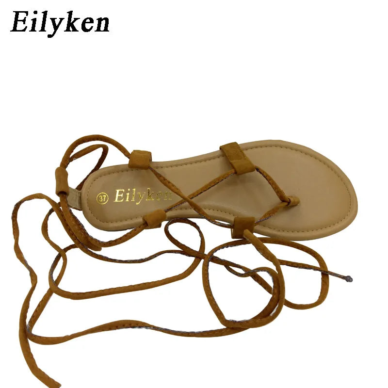 Eilyken Designer Ankle Strappy Flat Heels Women Sandals 2025 Summer Clip Toe Casual Roman Gladiator Flip Flops Shoes