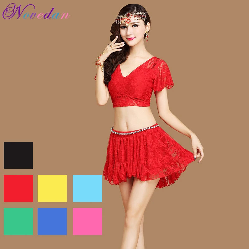 Belly Dance Costume Summer Lace Dress Sexy Party Costume Bellydance Costume Set V Neck Flare Sleeve with Skirt