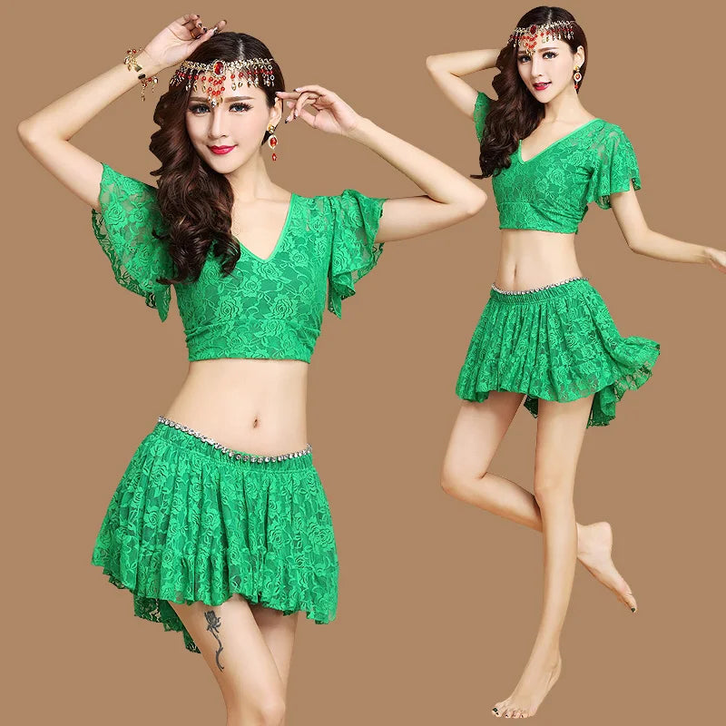 Belly Dance Costume Summer Lace Dress Sexy Party Costume Bellydance Costume Set V Neck Flare Sleeve with Skirt
