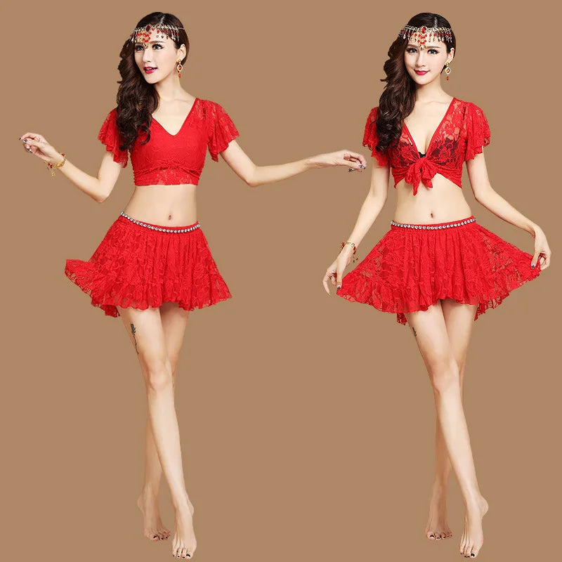 Belly Dance Costume Summer Lace Dress Sexy Party Costume Bellydance Costume Set V Neck Flare Sleeve with Skirt