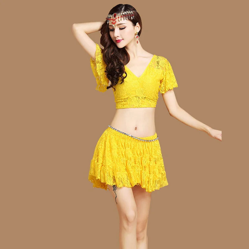 Belly Dance Costume Summer Lace Dress Sexy Party Costume Bellydance Costume Set V Neck Flare Sleeve with Skirt