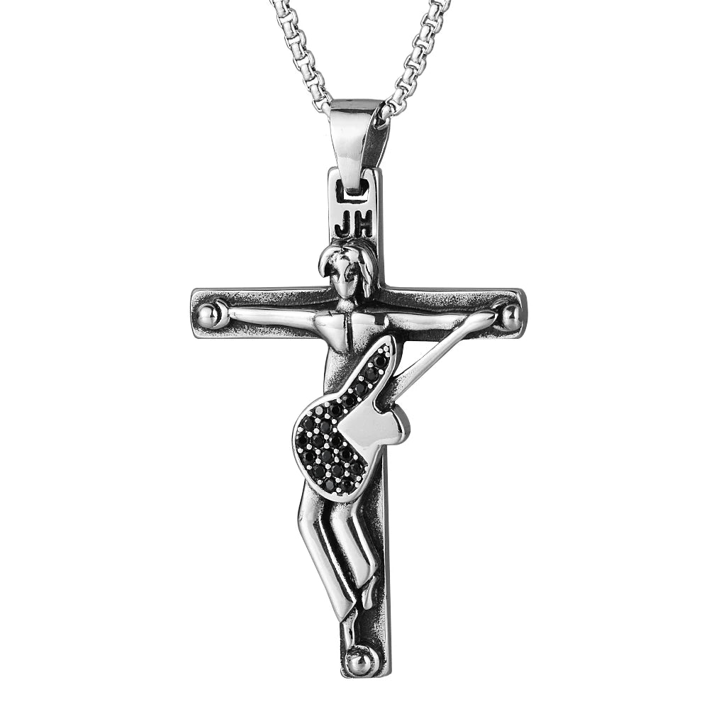 French Rocker Johnny Hallyday Guitar Cross Pendant Necklace Stainless Steel Floating Locket Christian Crucifix Men Jewelry Gift