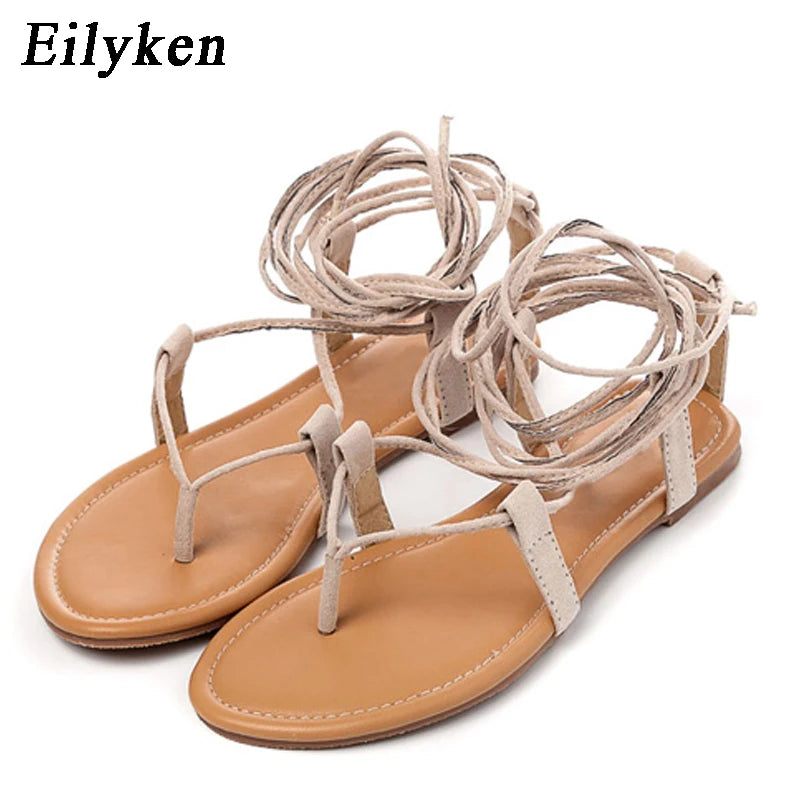 Eilyken Designer Ankle Strappy Flat Heels Women Sandals 2025 Summer Clip Toe Casual Roman Gladiator Flip Flops Shoes