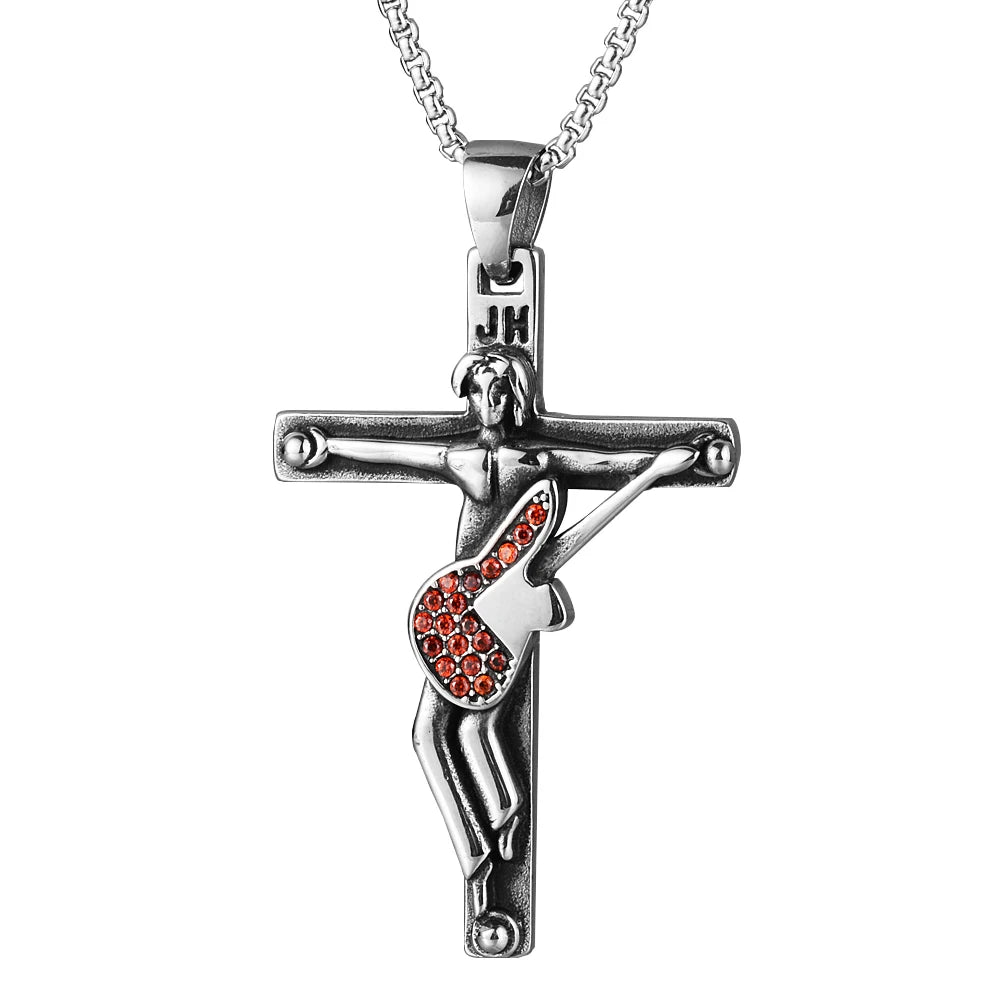 French Rocker Johnny Hallyday Guitar Cross Pendant Necklace Stainless Steel Floating Locket Christian Crucifix Men Jewelry Gift