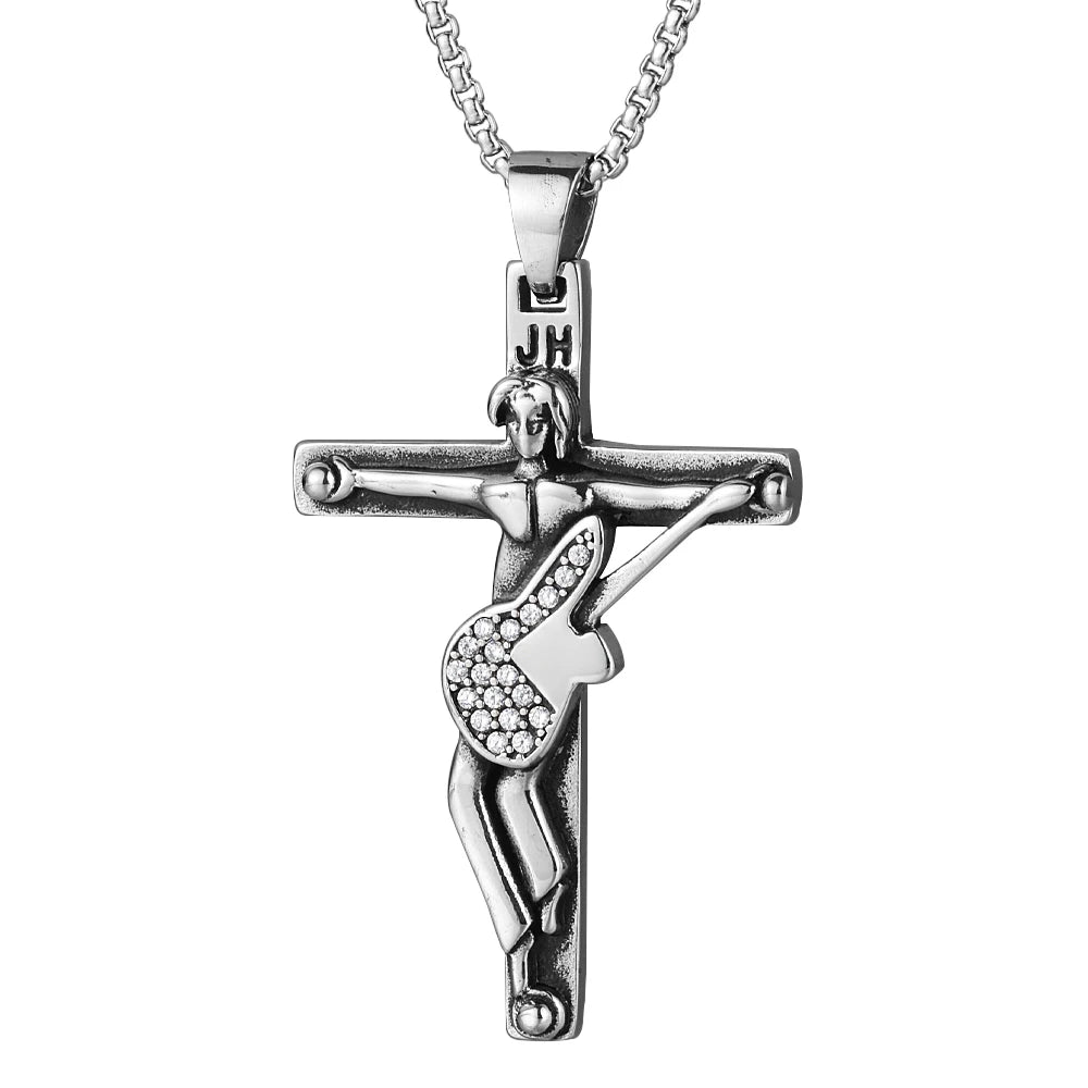 French Rocker Johnny Hallyday Guitar Cross Pendant Necklace Stainless Steel Floating Locket Christian Crucifix Men Jewelry Gift