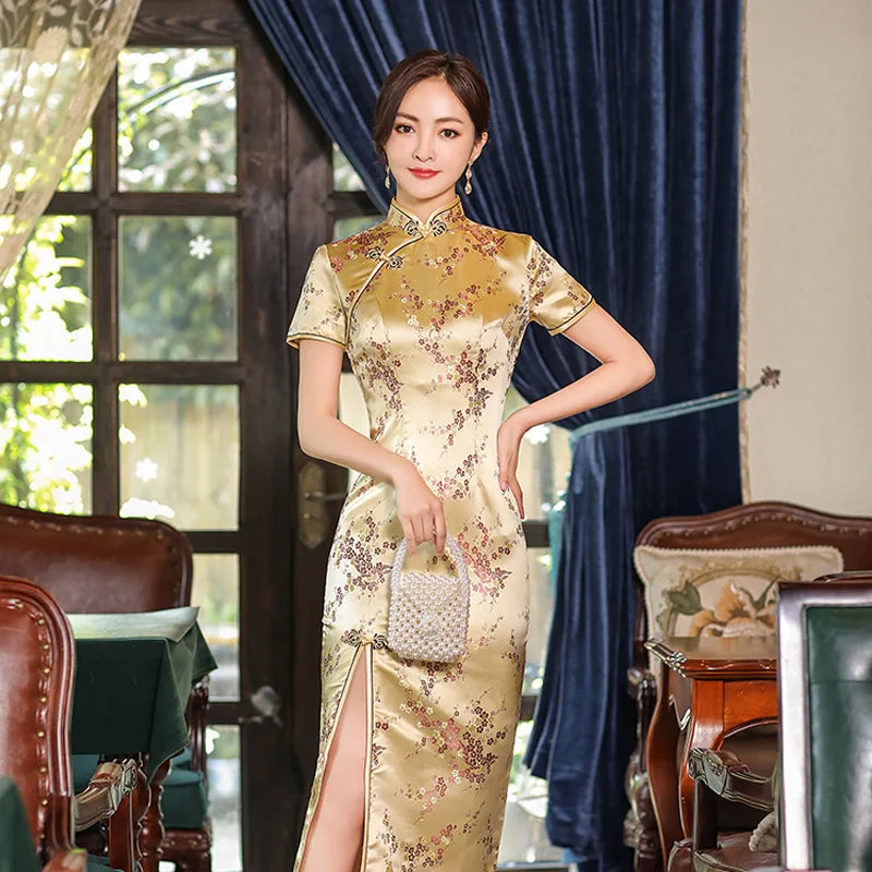 Summer New Women Sexy Cheongsam Elegant Vintage Mandarin Collar Chinese Dress Long Satin Flower Qipao Split Vestidso