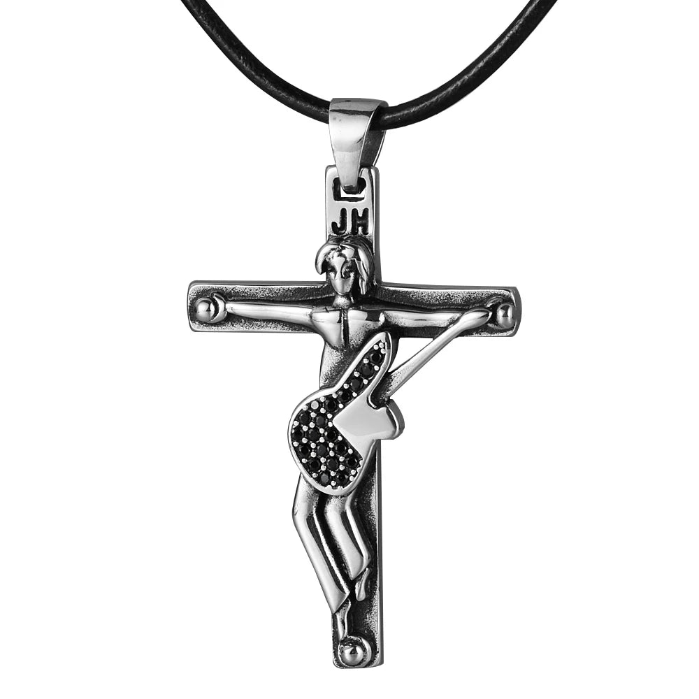 French Rocker Johnny Hallyday Guitar Cross Pendant Necklace Stainless Steel Floating Locket Christian Crucifix Men Jewelry Gift