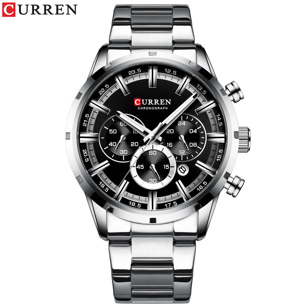 CURREN Luxury Fashion Quartz Watches Classic Silver and black Clock Male Watch Men's Wristwatch with Calendar Chronograph